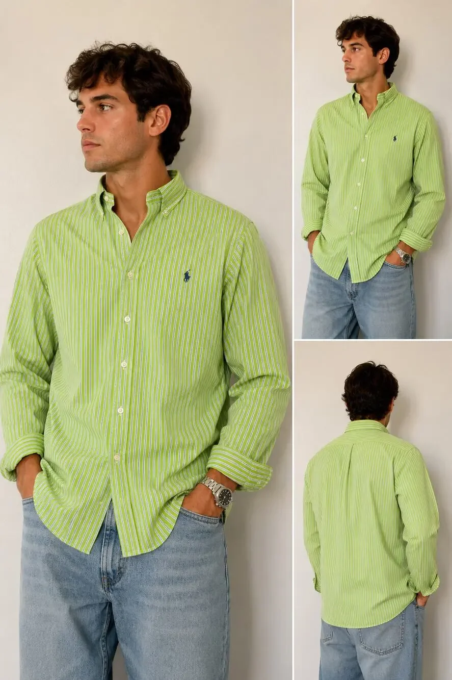 Polo Ralph Lauren Regent Custom Fit Green Blue Stripe Button Down Shirt Men's XL